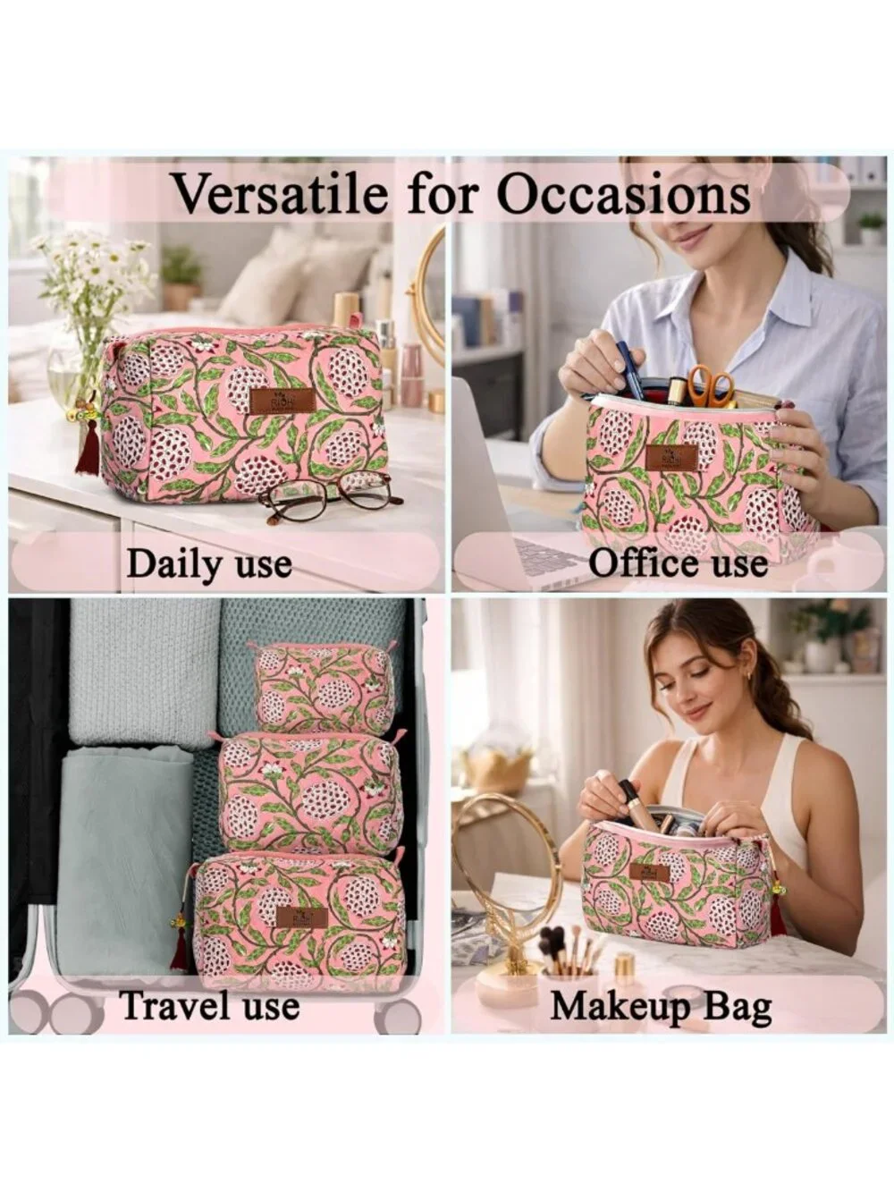 Strawberry Pink Floral Toiletry Bag Set of 3 - 100% Cotton, Waterproof Travel